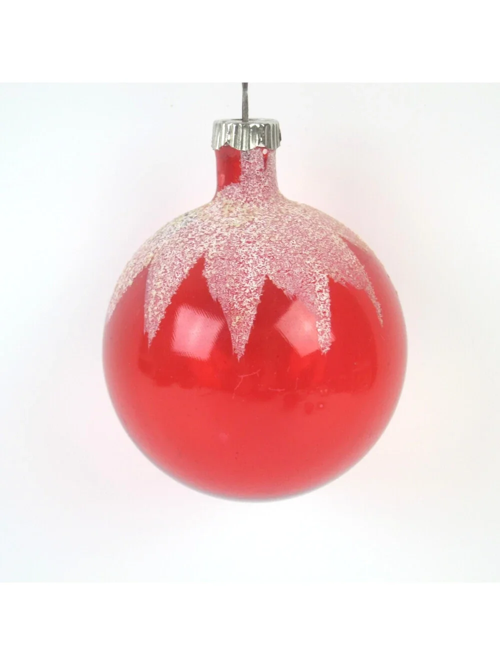 Vintage Shiny Brite Unsilvered Glass Christmas Ornament Red Ball Mica Snow 3
